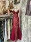 Wine Red Mermaid Straps Sweetheart Party Dresses, Wine Red Lace Formal Prom Dresses