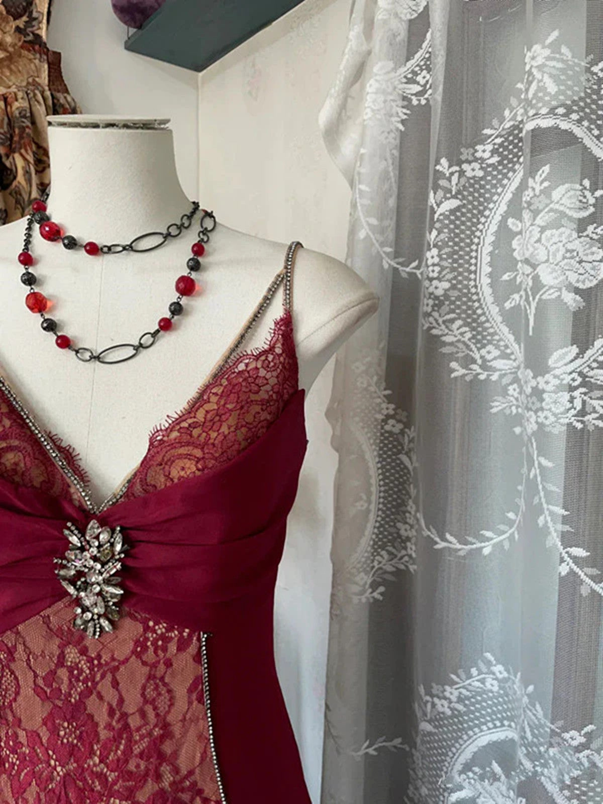 Wine Red Mermaid Straps Sweetheart Party Dresses, Wine Red Lace Formal Prom Dresses Secondary image