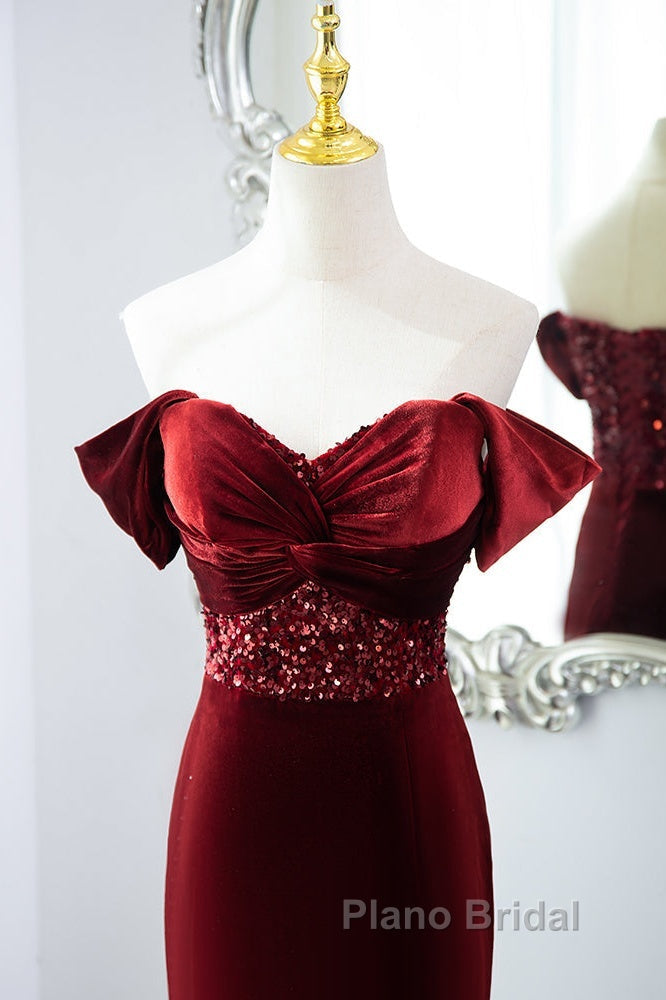Wine Red Mermaid Velvet Long Party Dresses, Wine Red Formal Prom Dresses Evening Dresses Secondary image