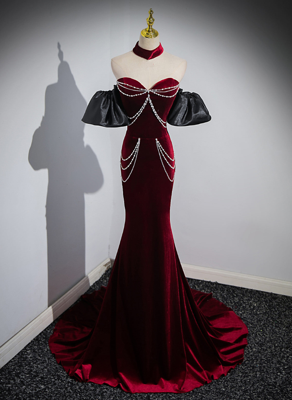 Wine Red Mermaid Velvet Off Shoulder Party Dresses, Wine Red Long Formal Evening Dresses Formal Prom Dresses Main image