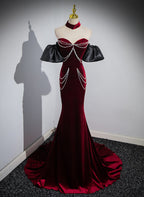 Wine Red Mermaid Velvet Off Shoulder Party Dresses, Wine Red Long Formal Evening Dresses Formal Prom Dresses