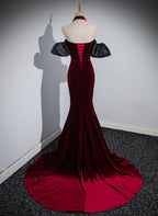 Wine Red Mermaid Velvet Off Shoulder Party Dresses, Wine Red Long Formal Evening Dresses Formal Prom Dresses