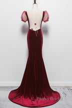 Wine Red Mermaid Velvet With Short Sleeves Formal Dresses, Wine Red Evening Dresses