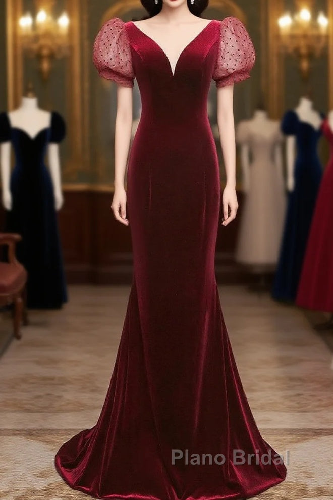 Wine Red Mermaid Velvet With Short Sleeves Formal Dresses, Wine Red Evening Dresses Main image