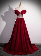 Wine Red Off Shoulder Beaded Long Velvet Party Dresses, Wine Red Formal Prom Dresses