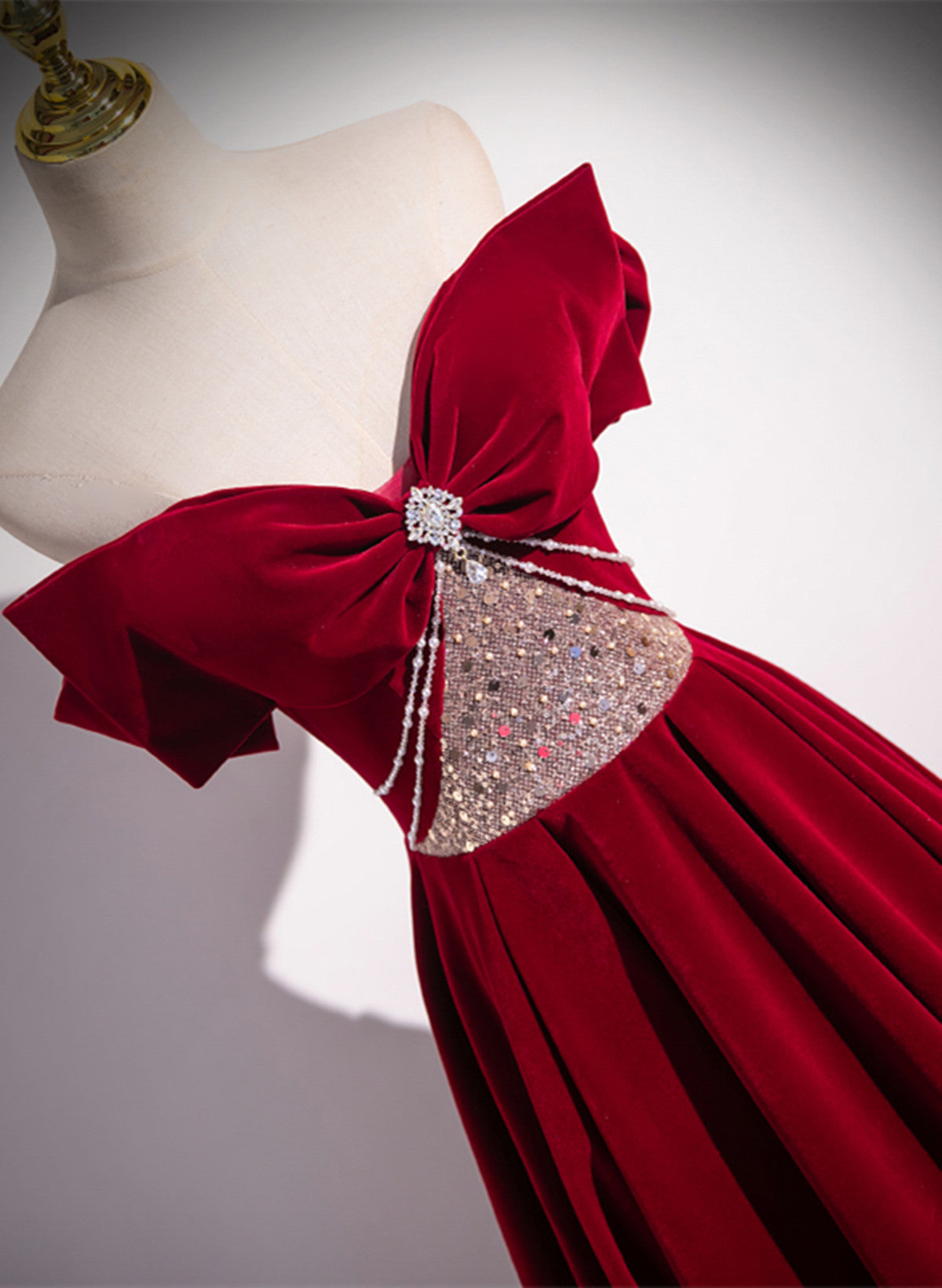 Wine Red Off Shoulder Beaded Long Velvet Party Dresses, Wine Red Formal Prom Dresses Secondary image