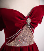 Wine Red Off Shoulder Beaded Long Velvet Party Dresses, Wine Red Formal Prom Dresses