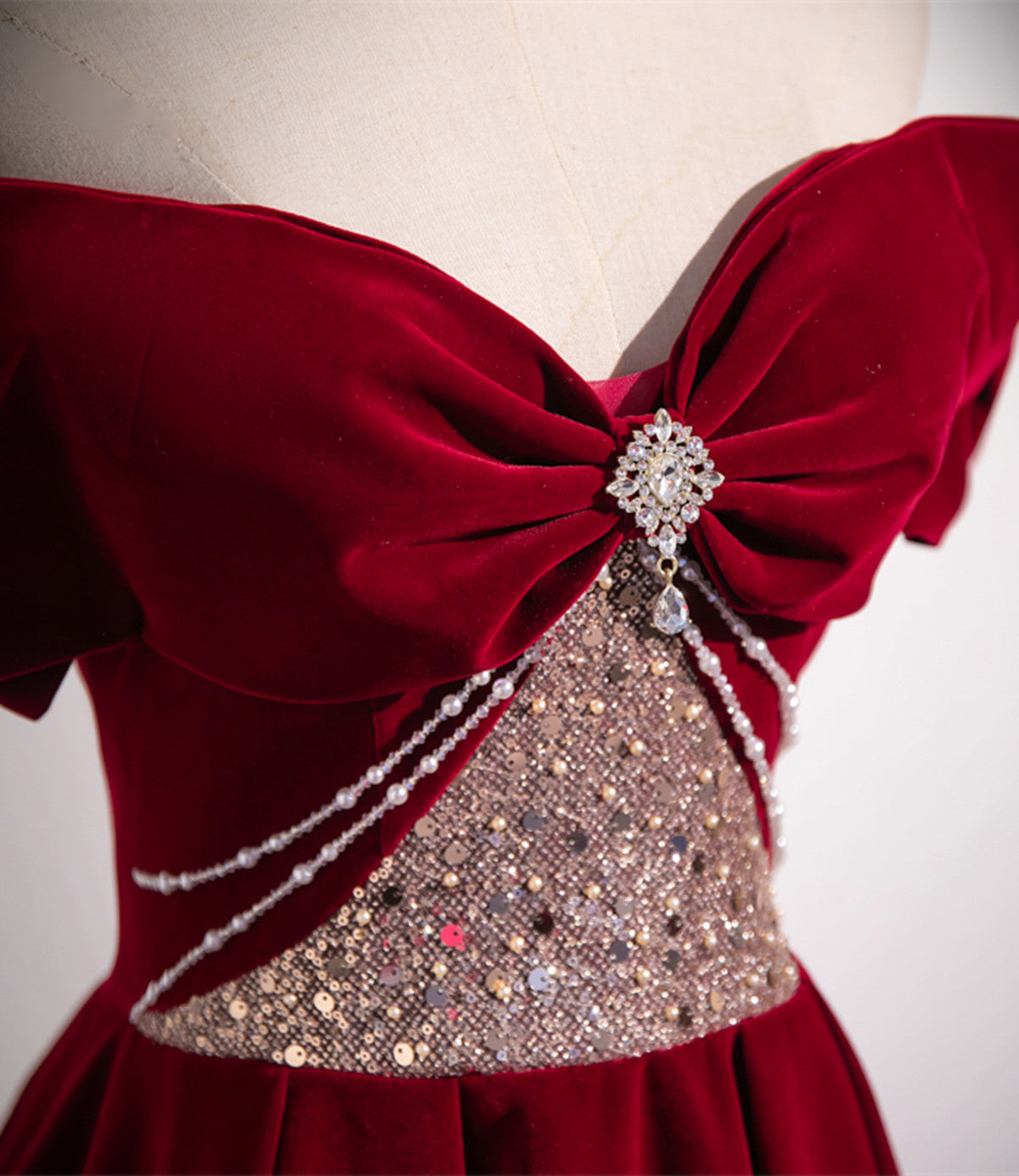 Wine Red Off Shoulder Beaded Long Velvet Party Dresses, Wine Red Formal Prom Dresses