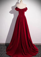 Wine Red Off Shoulder Beaded Long Velvet Party Dresses, Wine Red Formal Prom Dresses