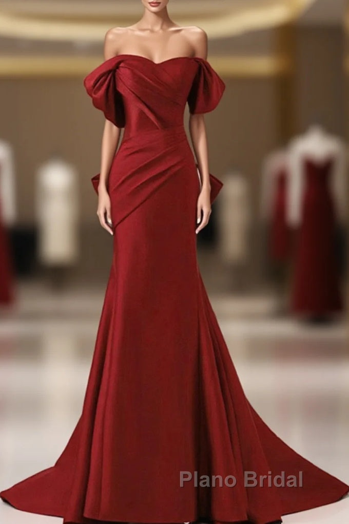Wine Red Off Shoulder Mermaid Long Party Dresses, Wine Red Evening Dresses Formal Prom Dresses Main image
