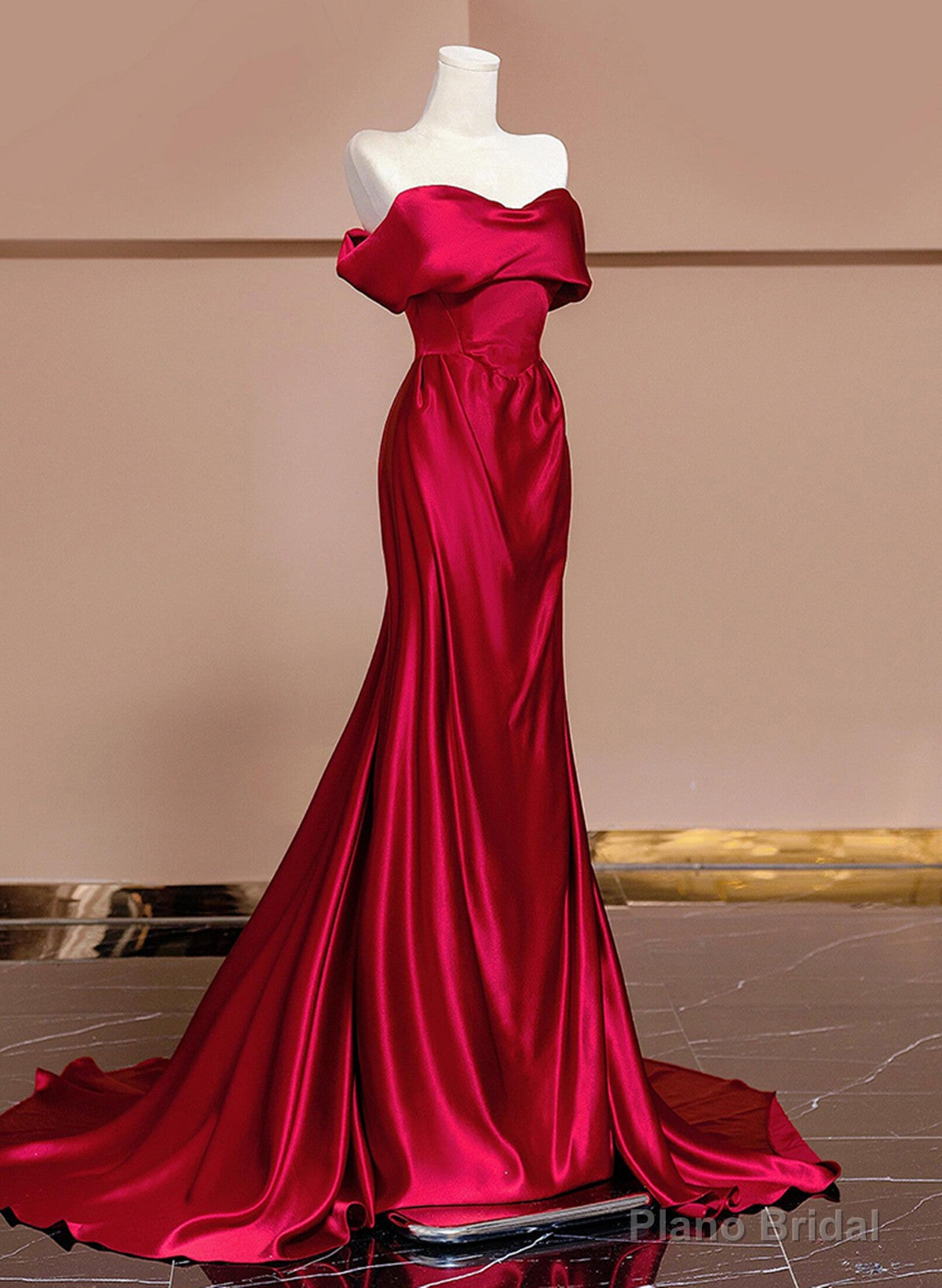 Wine Red Off Shoulder Satin Long Evening Dress, Wine Red Prom Dress Secondary image
