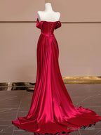 Wine Red Off Shoulder Satin Long Evening Dress, Wine Red Prom Dress