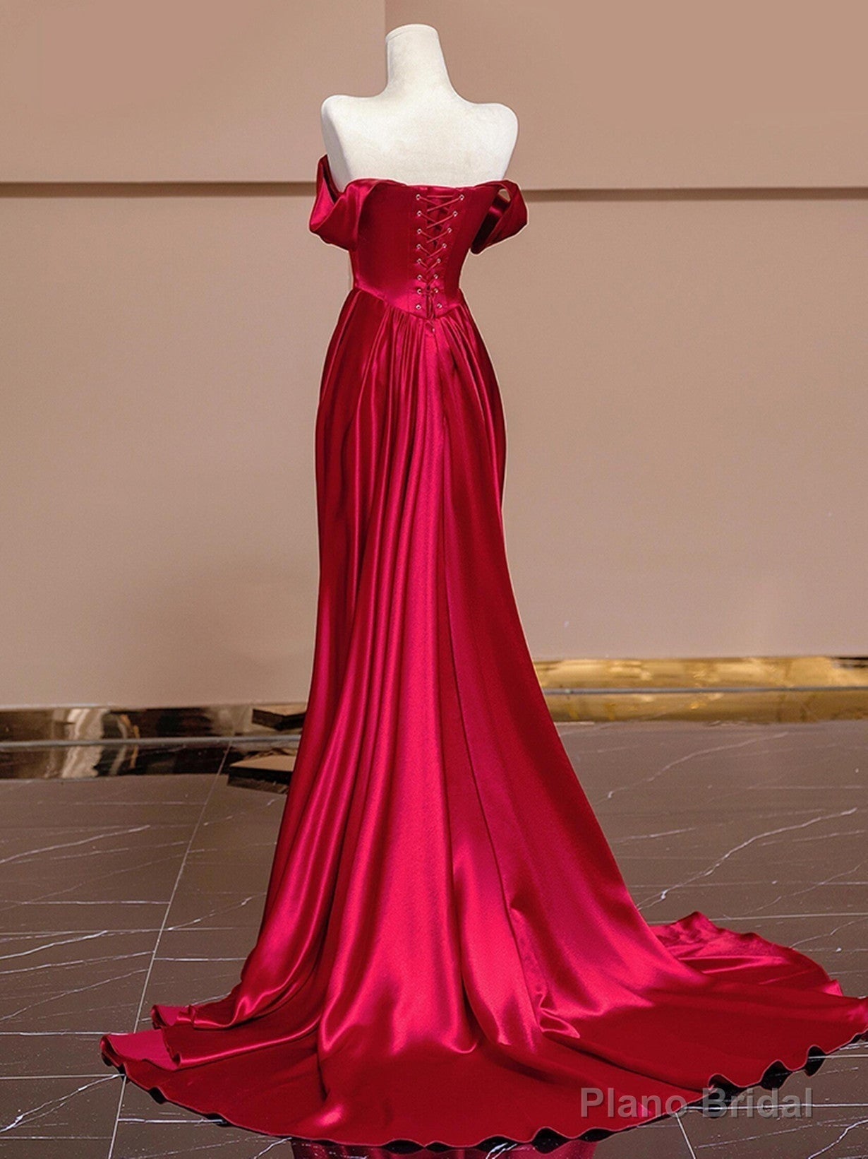Wine Red Off Shoulder Satin Long Evening Dress, Wine Red Prom Dress