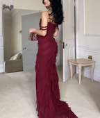 Wine Red Off Shoulder Straps Multi-Layered Ruffles Long Formal Prom Dresses