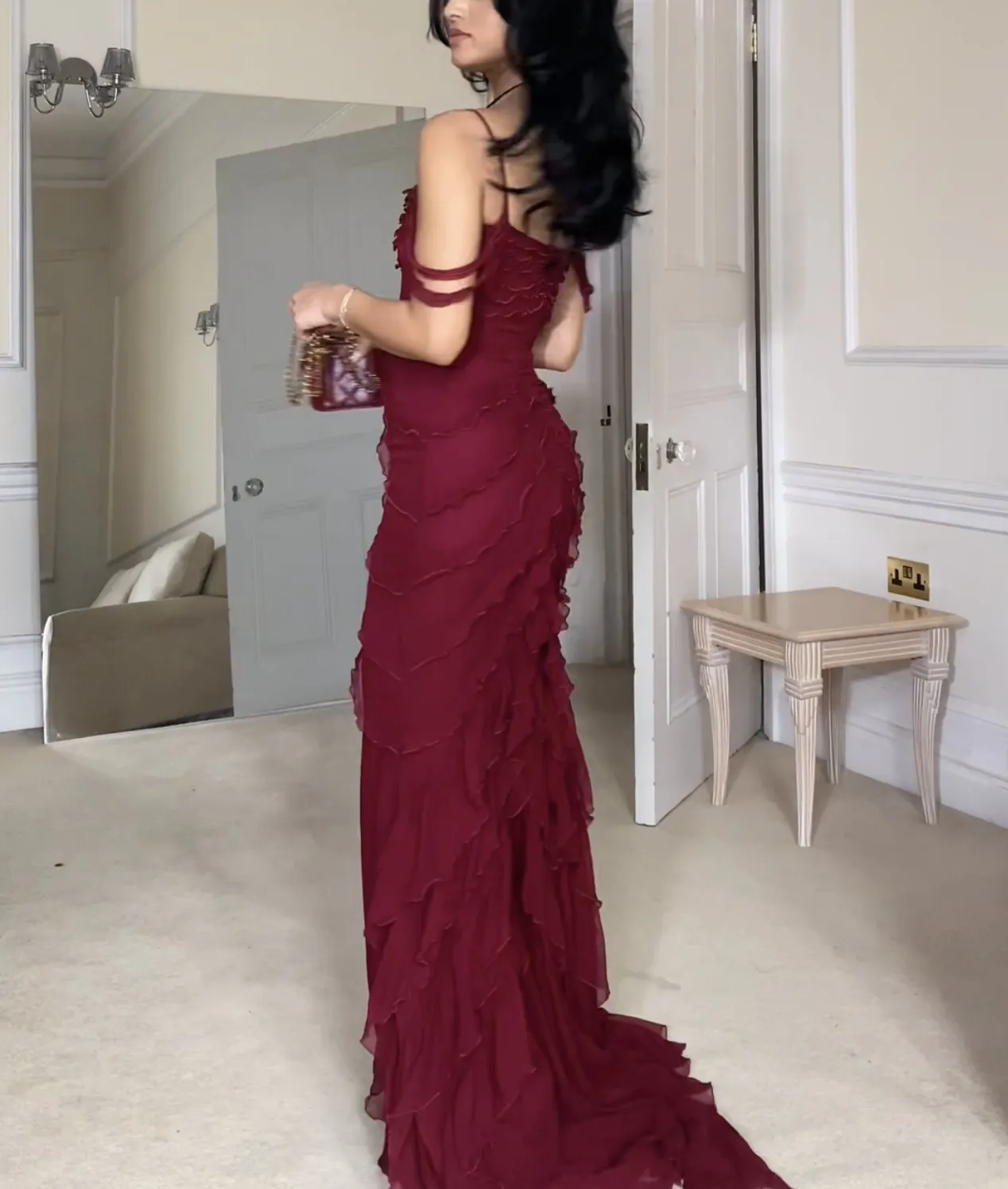 Wine Red Off Shoulder Straps Multi-Layered Ruffles Long Formal Prom Dresses