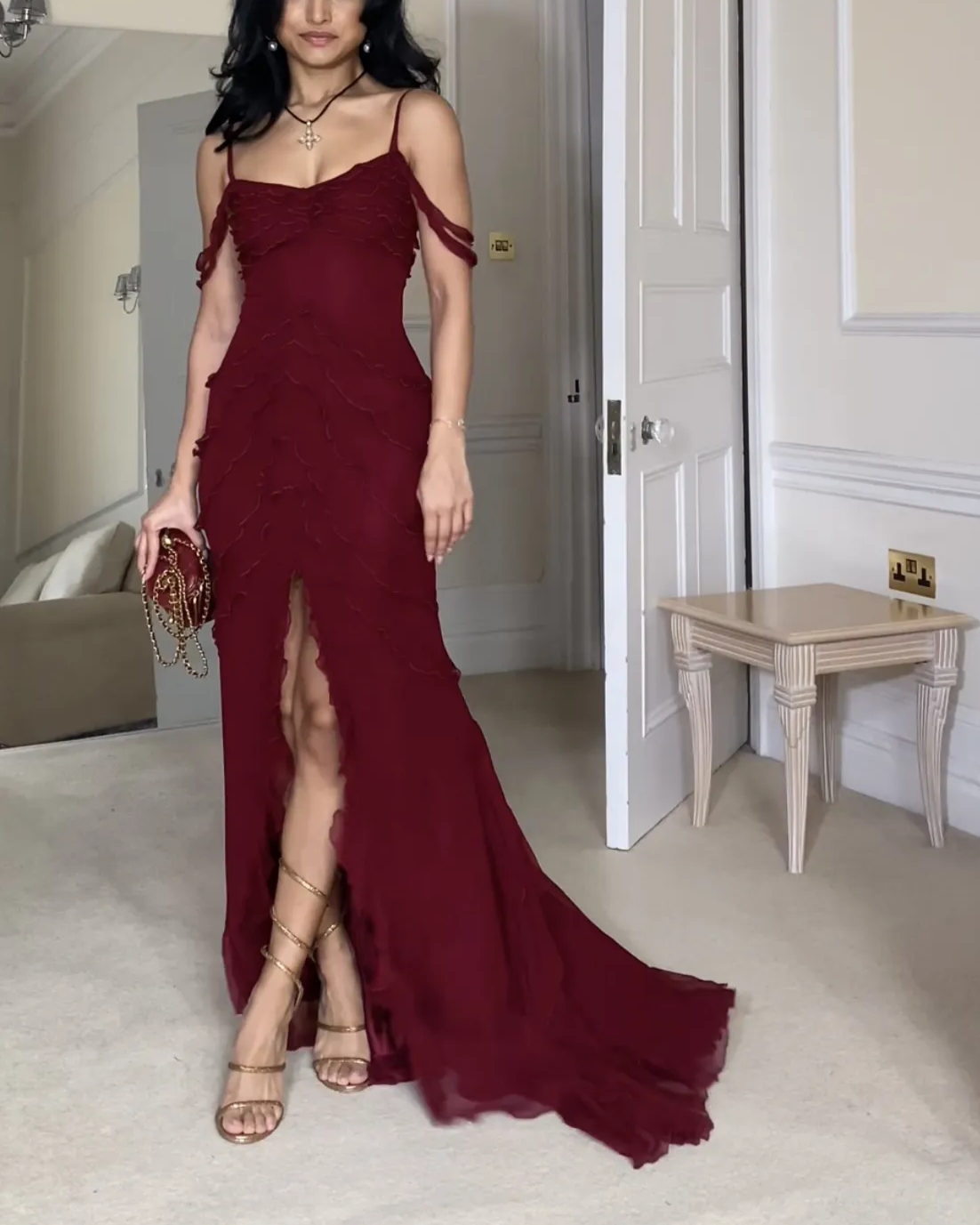 Wine Red Off Shoulder Straps Multi-Layered Ruffles Long Formal Prom Dresses Main image