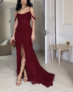Wine Red Off Shoulder Straps Multi-Layered Ruffles Long Formal Prom Dresses