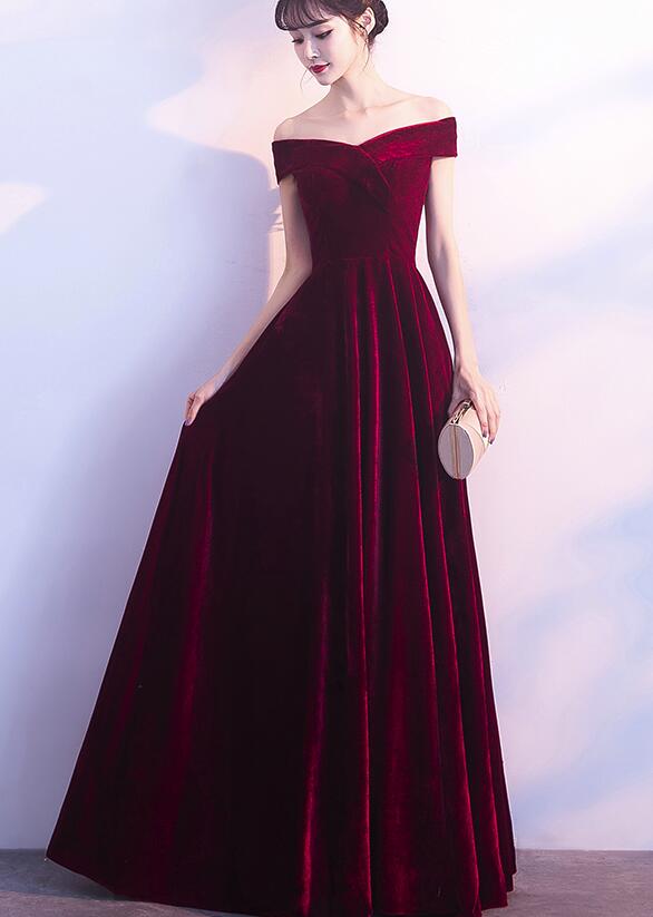 Wine Red Off Shoulder Velvet Long Wedding Party Dresses, Charming Formal Gown Secondary image