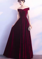 Wine Red Off Shoulder Velvet Long Wedding Party Dresses, Charming Formal Gown