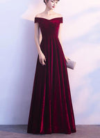Wine Red Off Shoulder Velvet Long Wedding Party Dresses, Charming Formal Gown
