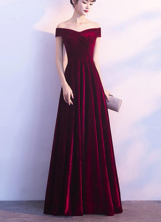 Wine Red Off Shoulder Velvet Long Wedding Party Dresses, Charming Formal Gown