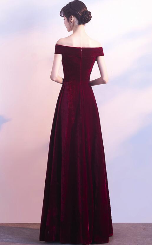 Wine Red Off Shoulder Velvet Long Wedding Party Dresses, Charming Formal Gown