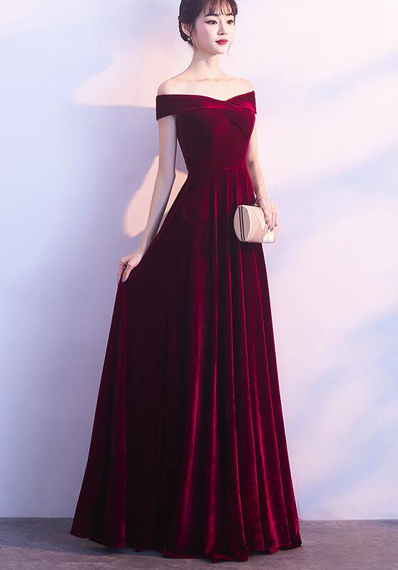 Wine Red Off Shoulder Velvet Long Wedding Party Dresses, Charming Formal Gown