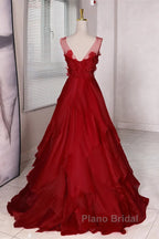Wine Red Round Neckline A-Line Beaded Party Dresses, Wine Red Long Formal Prom Dresses