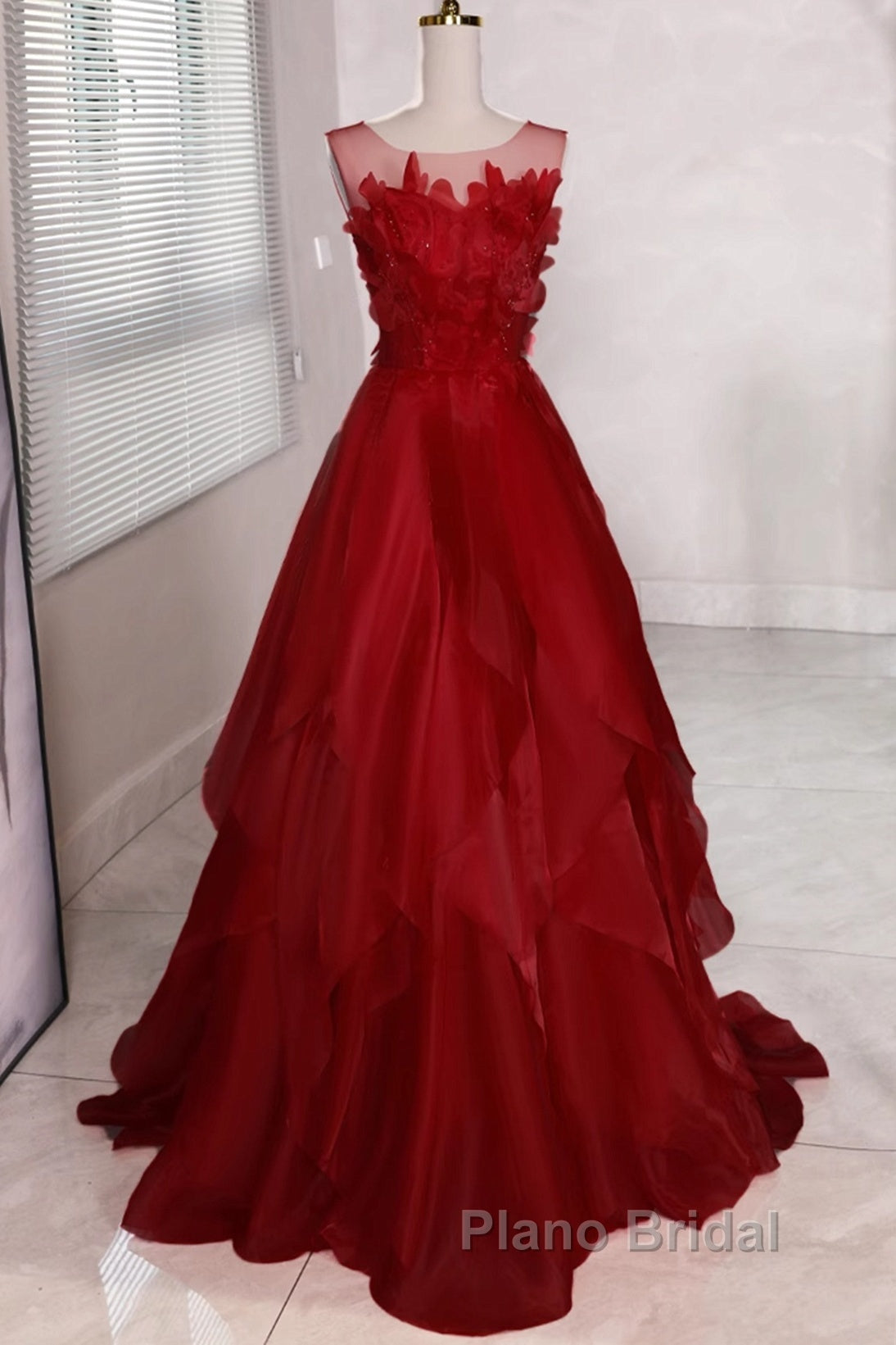 Wine Red Round Neckline A-Line Beaded Party Dresses, Wine Red Long Formal Prom Dresses