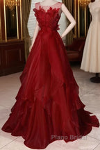 Wine Red Round Neckline A-Line Beaded Party Dresses, Wine Red Long Formal Prom Dresses