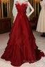 Wine Red Round Neckline A-Line Beaded Party Dresses, Wine Red Long Formal Prom Dresses