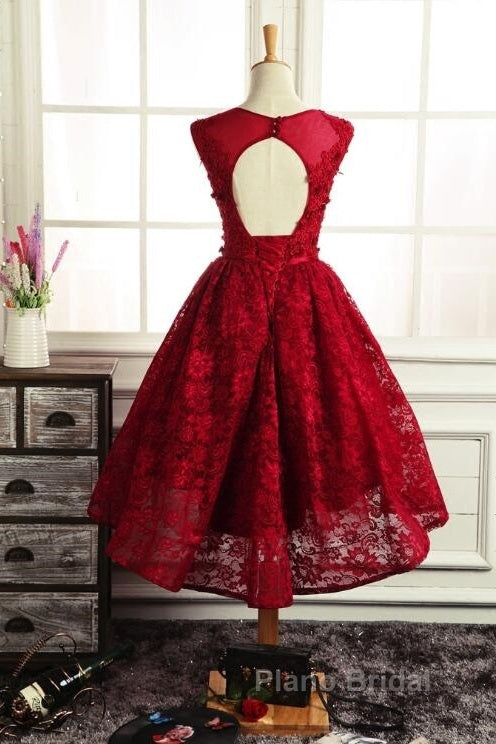 Wine Red Round Neckline Lace High Low Homecoming Dresses, High Low Formal Dresses Secondary image