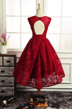 Wine Red Round Neckline Lace High Low Homecoming Dresses, High Low Formal Dresses