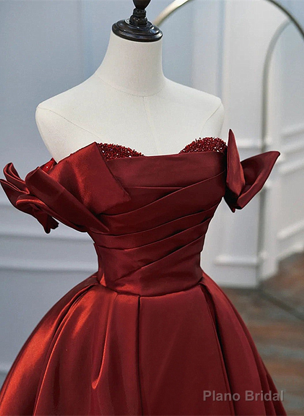 Wine Red Satin A-line Beaded Off Shoulder Party Dress, Wine Red Prom Dress Formal Dress Secondary image