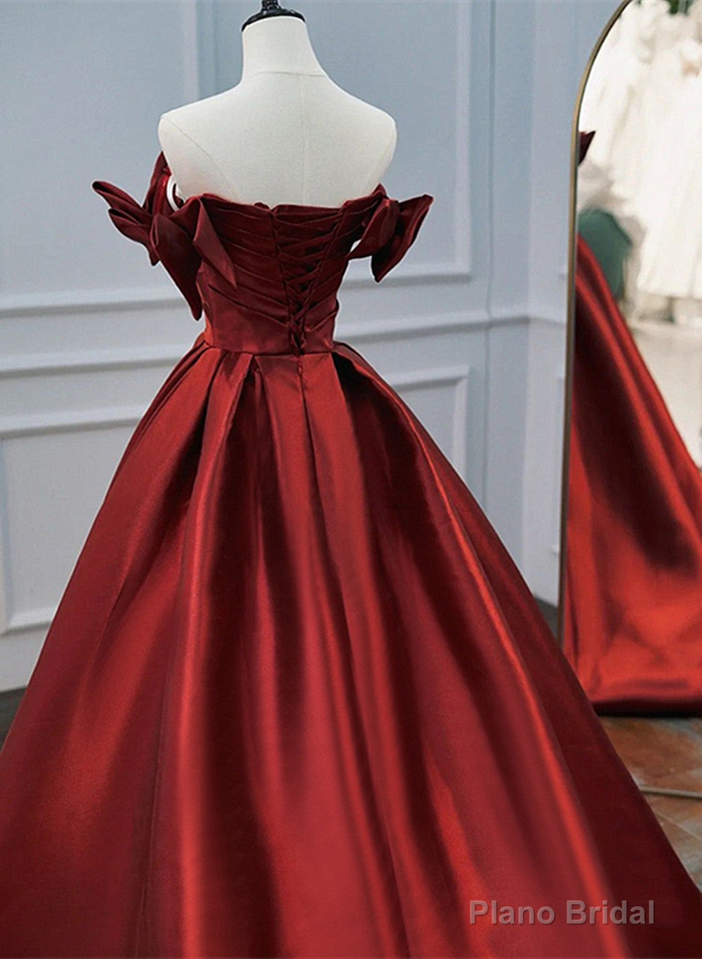 Wine Red Satin A-line Beaded Off Shoulder Party Dress, Wine Red Prom Dress Formal Dress Main image