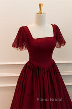 Wine Red Satin A-Line Floor Length Party Dresses, Wine Red Evening Dresses