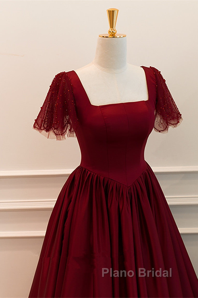 Wine Red Satin A-Line Floor Length Party Dresses, Wine Red Evening Dresses Secondary image