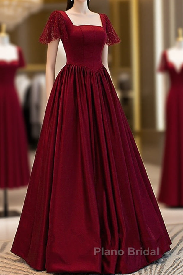 Wine Red Satin A-Line Floor Length Party Dresses, Wine Red Evening Dresses