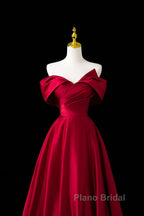 Wine Red Satin A-Line Formal Prom Dresses, Wine Red Evening Dresses Formal Dresses
