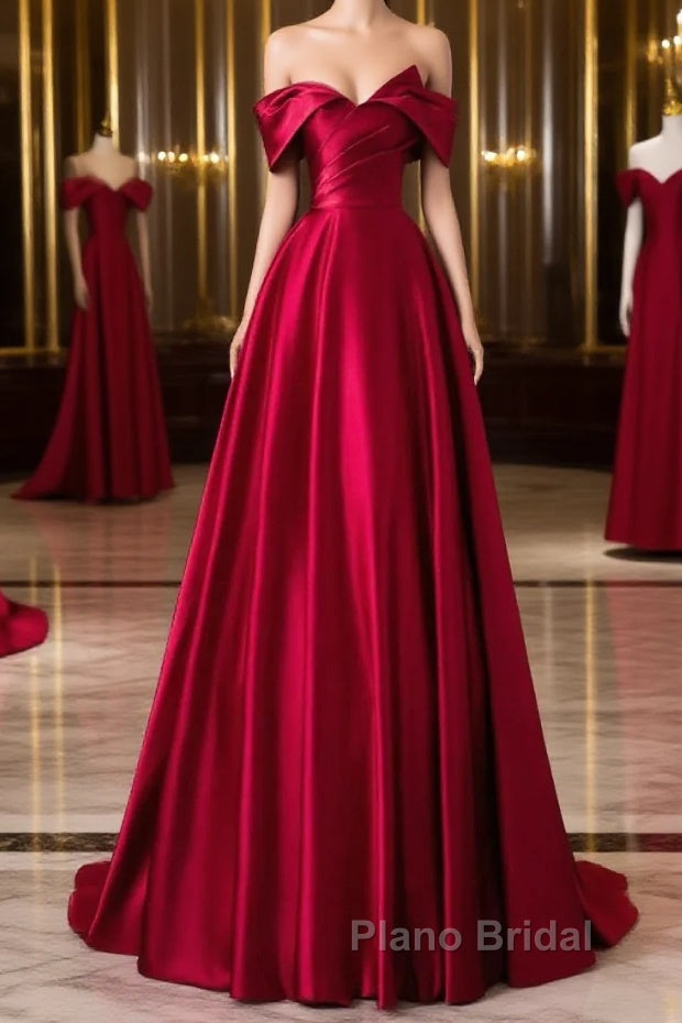 Wine Red Satin A-Line Formal Prom Dresses, Wine Red Evening Dresses Formal Dresses Main image