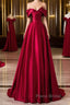Wine Red Satin A-Line Formal Prom Dresses, Wine Red Evening Dresses Formal Dresses