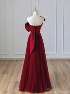 Wine Red Satin and Tulle A-line Simple Prom Dress, Floor Length Party Dress