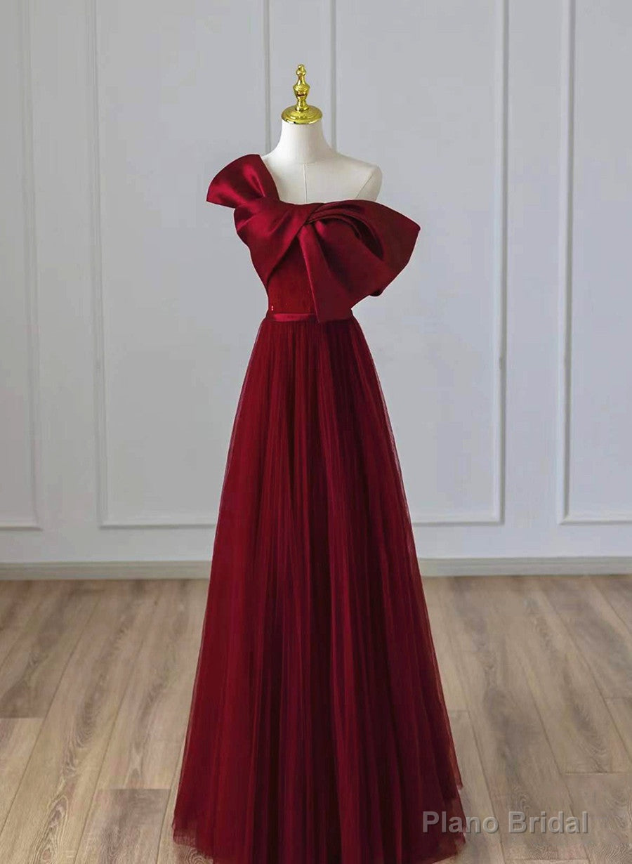 Wine Red Satin and Tulle A-line Simple Prom Dress, Floor Length Party Dress Secondary image