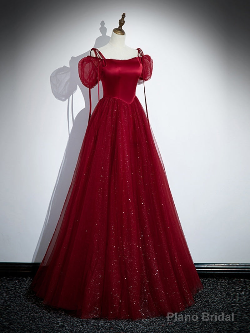 Wine Red Satin and Tulle Straps Long Prom Dress, Wine Red Off Shoulder Party Dress Main image