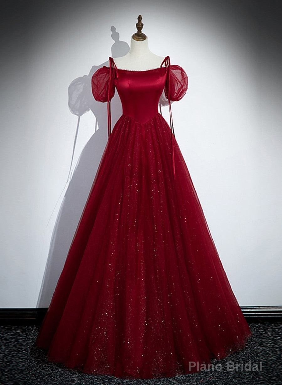 Wine Red Satin and Tulle Straps Long Prom Dress, Wine Red Off Shoulder Party Dress Secondary image