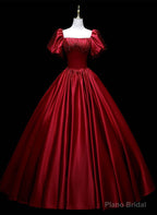 Wine Red Satin Beaded Ball Gown Sweet 16 Dress, Wine Red Evening Formal Dress
