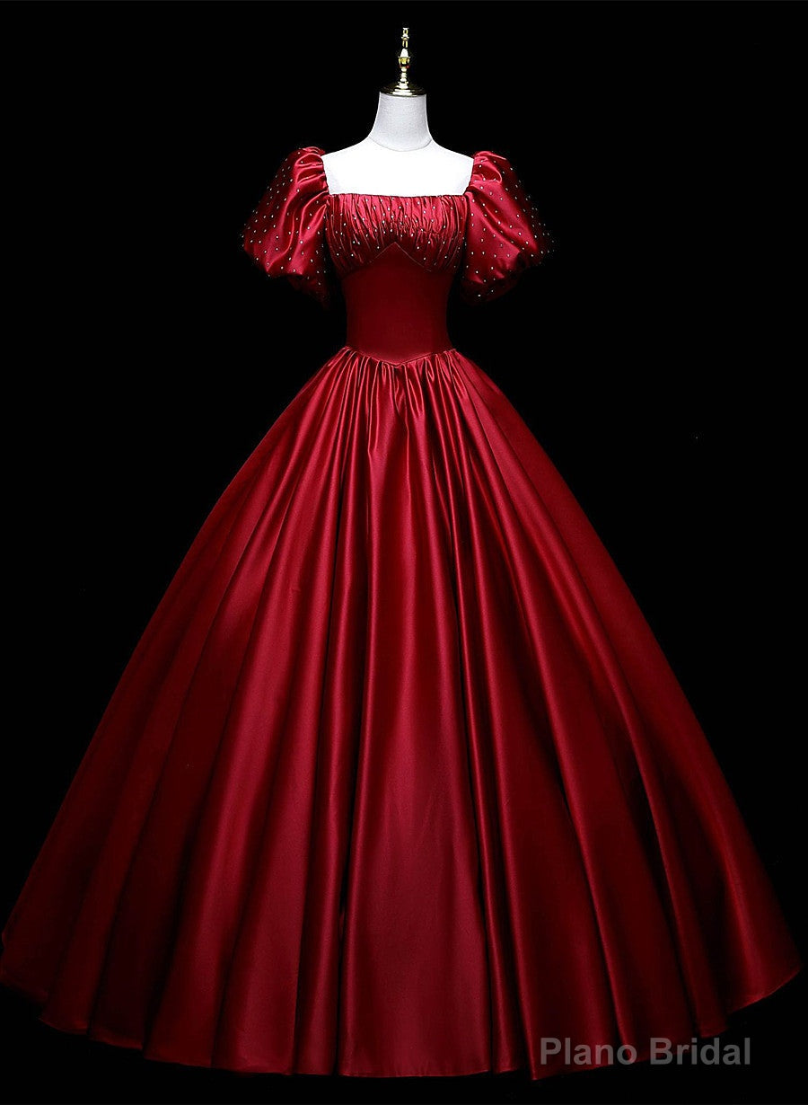 Wine Red Satin Beaded Ball Gown Sweet 16 Dress, Wine Red Evening Formal Dress