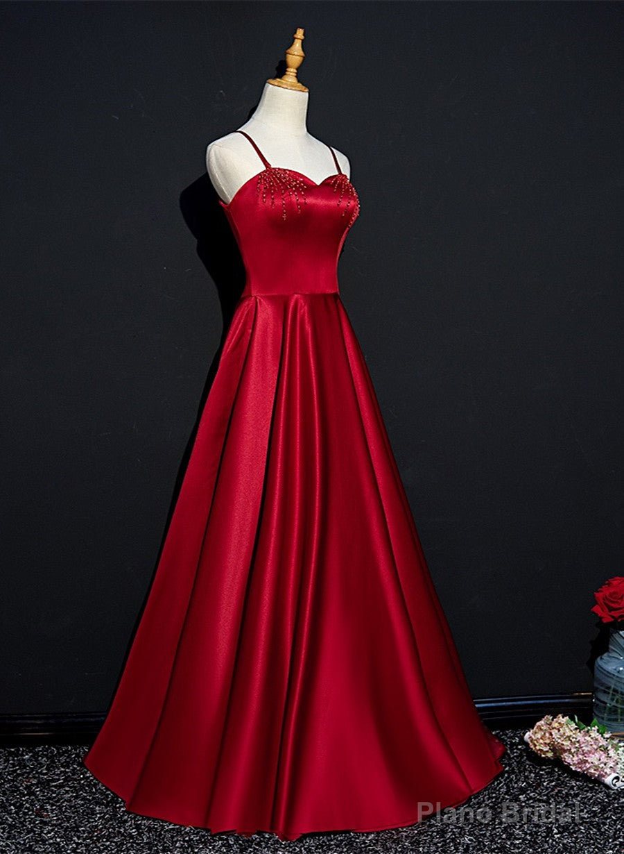 Wine Red Satin Beaded Sweetheart Party Dress, A-line Wine Red Prom Dress Main image