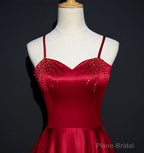 Wine Red Satin Beaded Sweetheart Party Dress, A-line Wine Red Prom Dress