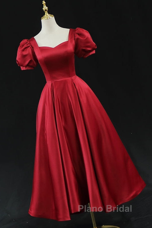 Wine Red Satin Bridesmaid Dresses Party Dresses, Tea Length Formal Prom Dresses Secondary image